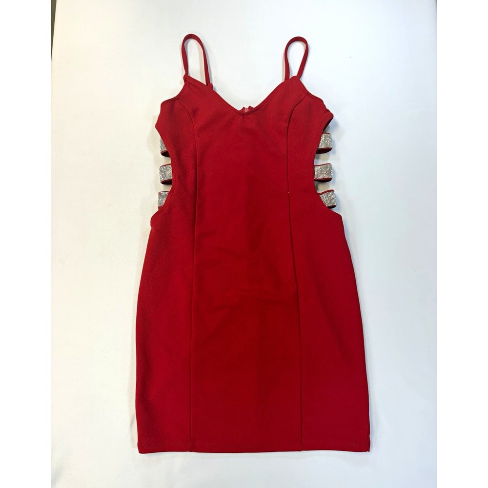 Almost Famous Red Bodycon Dress M V-Neck Strappy Rhinestone Side Cutout Zip